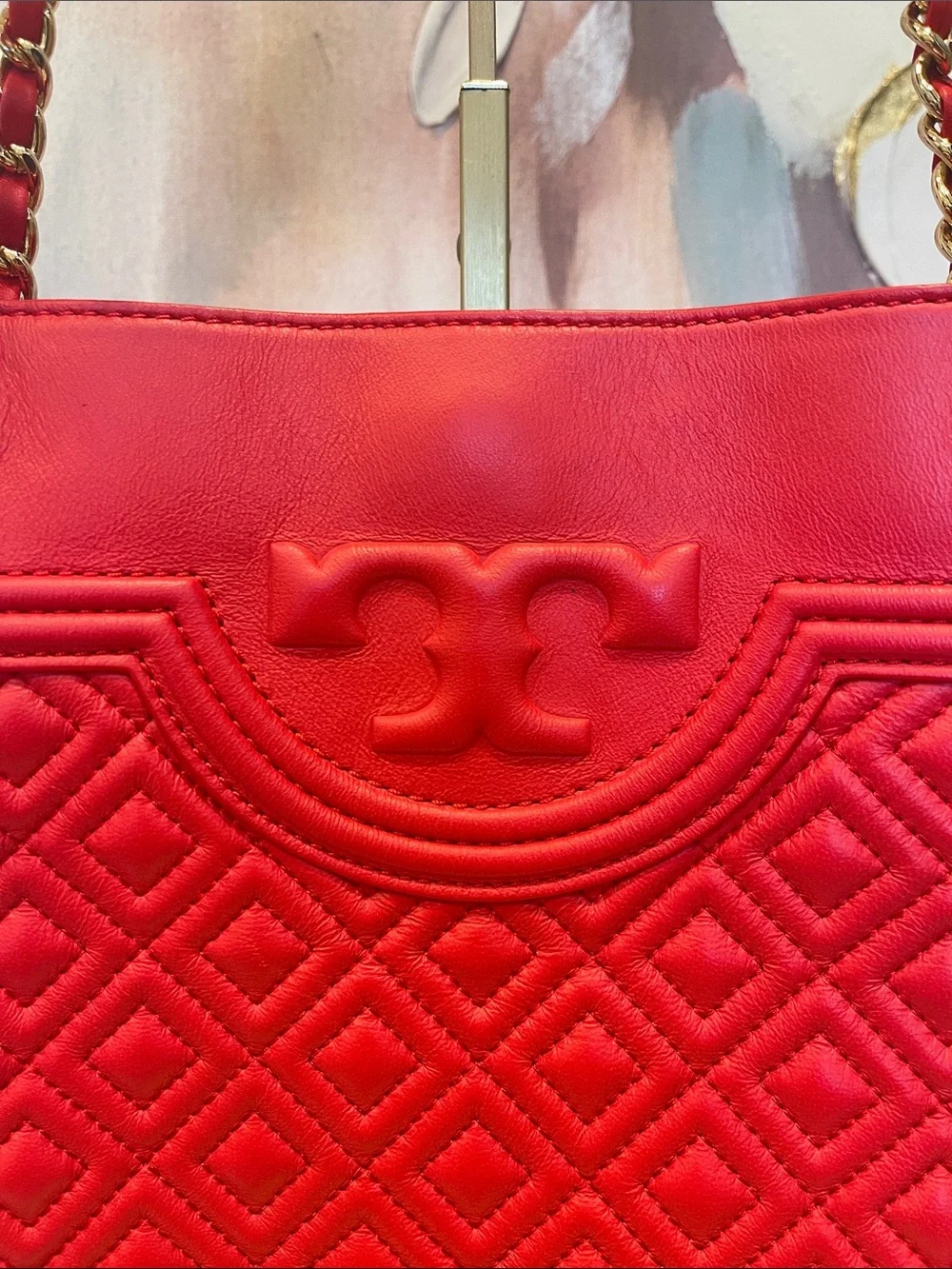 Tory Burch Red Quilted Leather Chain Shoulder Tote with Tassel